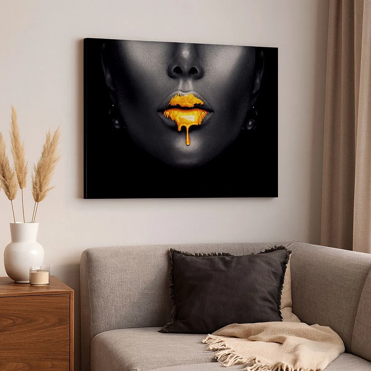 Canvas picture - Black and gold portrait of a woman with a drop of gold on her lips - 70x50cm - Golden Lips - Modern wall decoration for the living room and bedroom ARTTOR