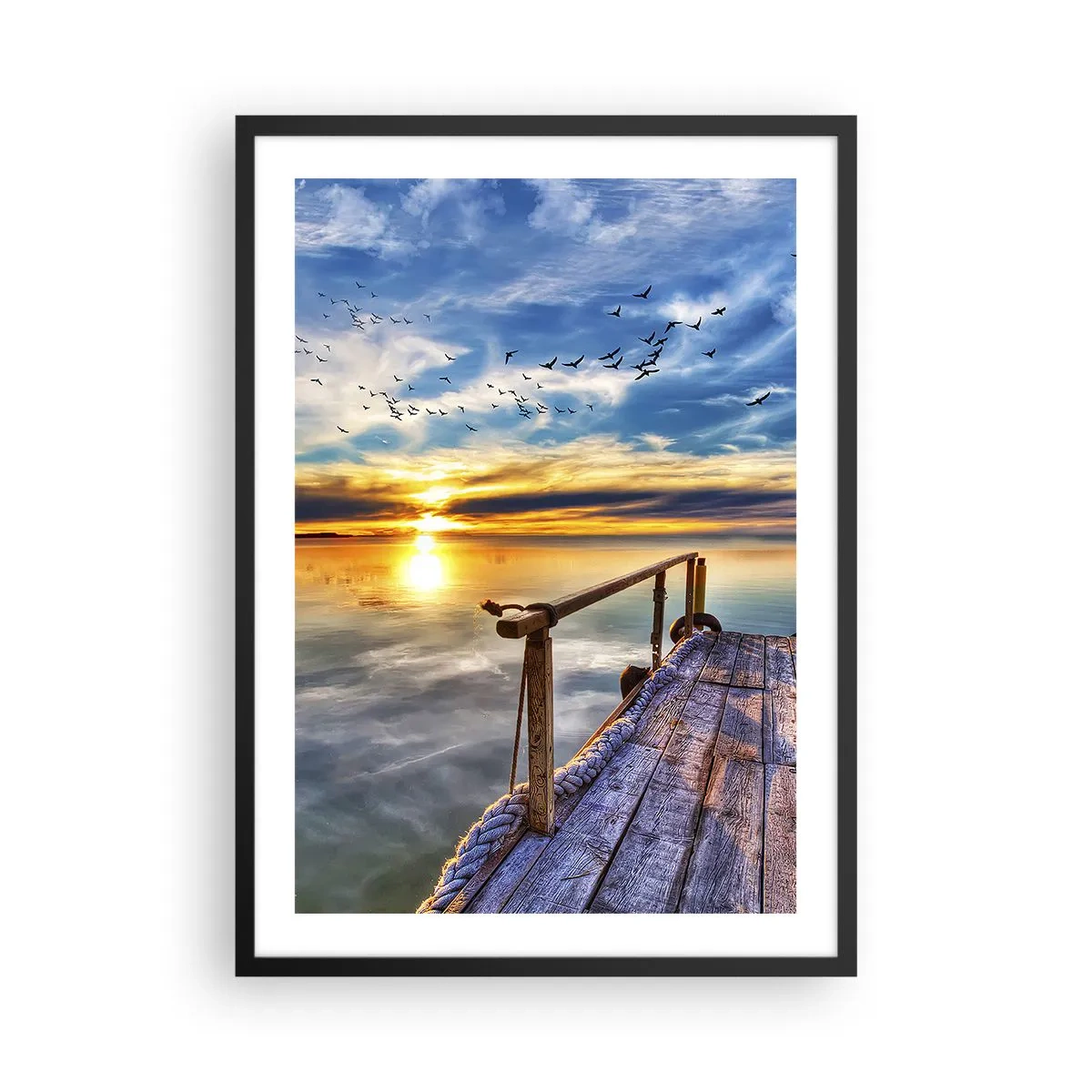 Poster in black frame - Wooden jetty over the lake at sunset - 50x70cm - Wind is Taking a Break - Modern wall decoration for the living room and bedroom ARTTOR