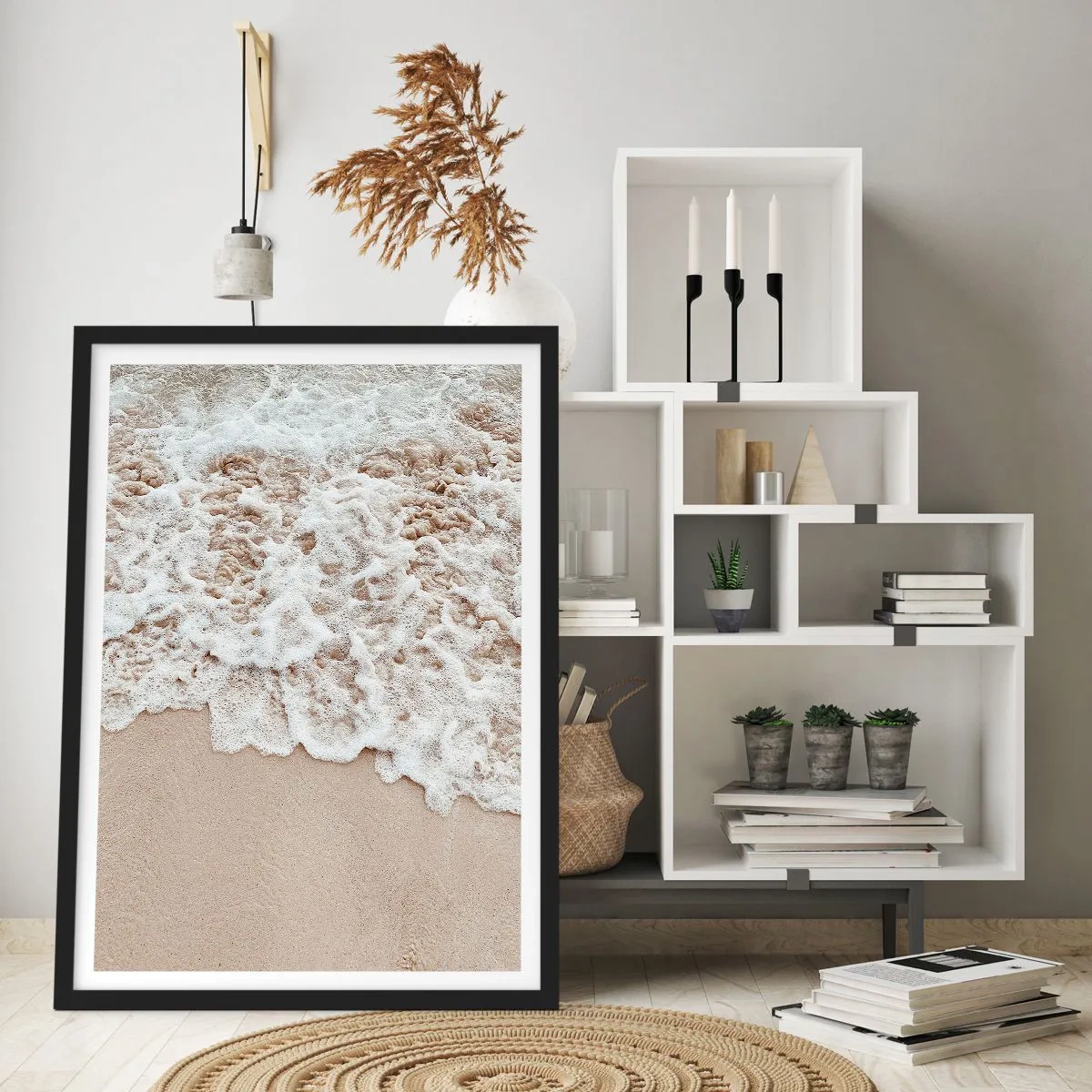 Poster in black frame - Gentle waves crashing onto the sand of the beach - 50x70cm - Be Right Back - Modern wall decoration for the living room and bedroom ARTTOR