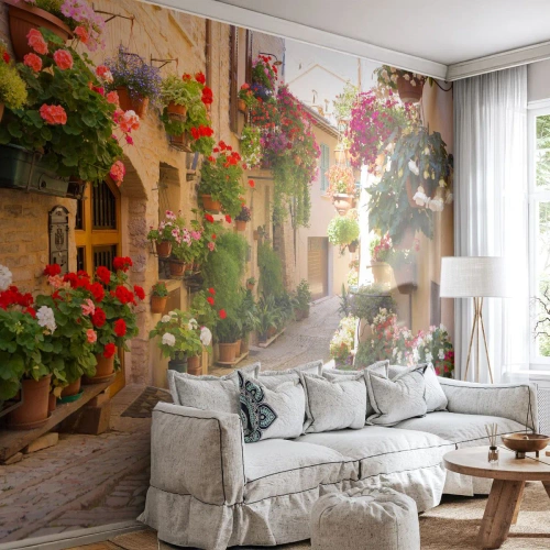 Self-Adhesive Photo Wallpaper Deluxe Sticker - Flood of Flowers - City, Italy, Beautiful Streets - 400x280 cm