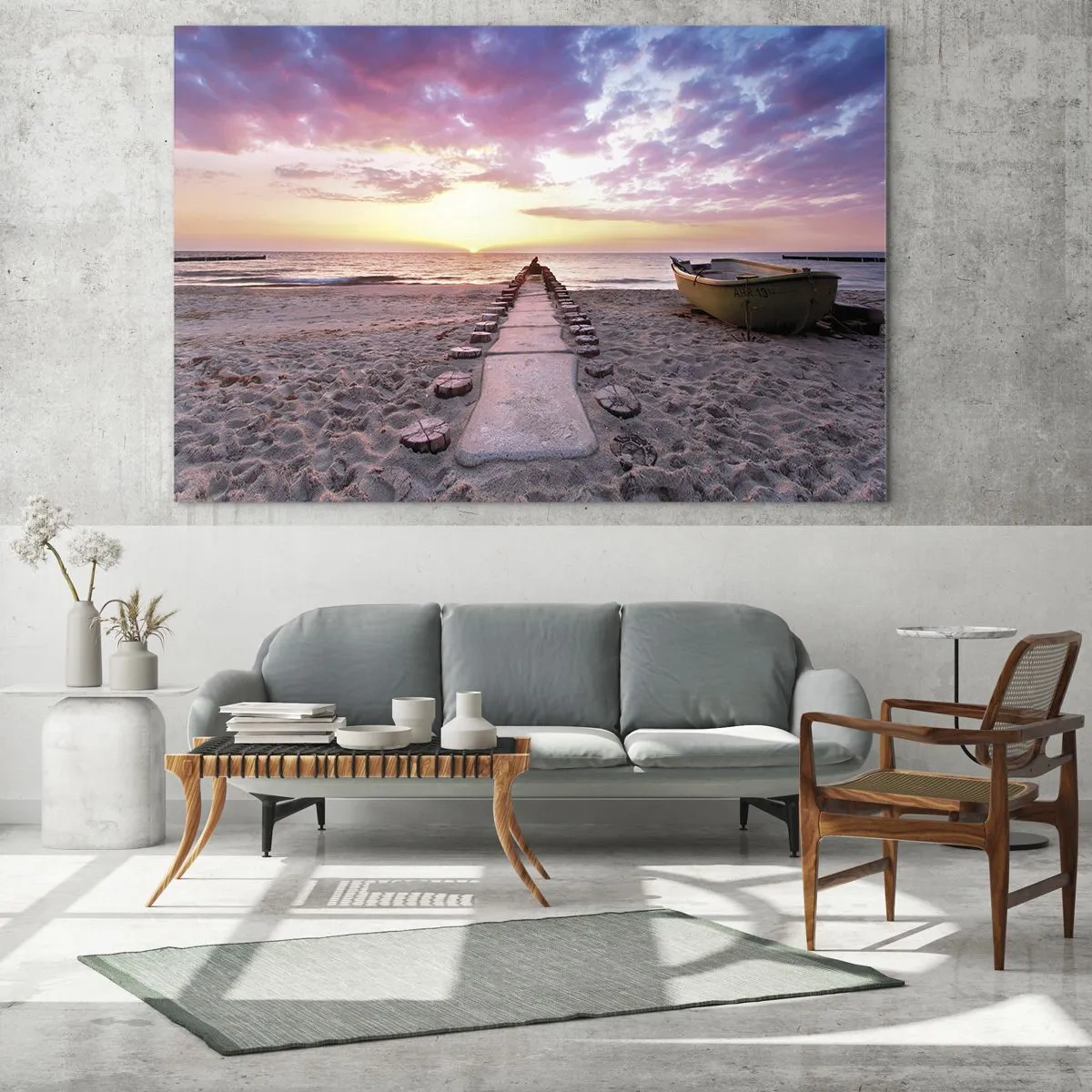 Glass picture - Sunset beach with boat and pier - 70x50cm - Moments of Profound Experience - Modern wall decoration for the living room and bedroom ARTTOR