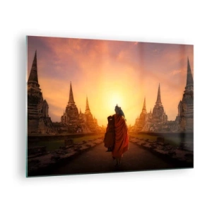 Glass picture - A monk against the backdrop of the setting sun and temples in Asia - 70x50cm - In Peace through Eternity - Modern wall decoration for the living room and bedroom ARTTOR