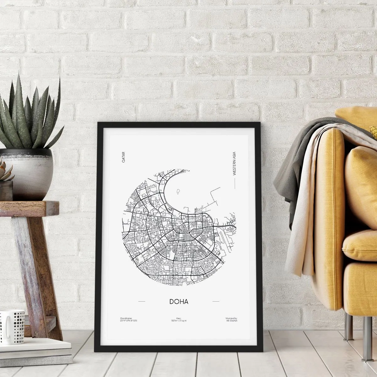 Poster in black frame - A minimalist black and white map of Doha - 50x70cm - Anatomy of Doha - Modern wall decoration for the living room and bedroom ARTTOR