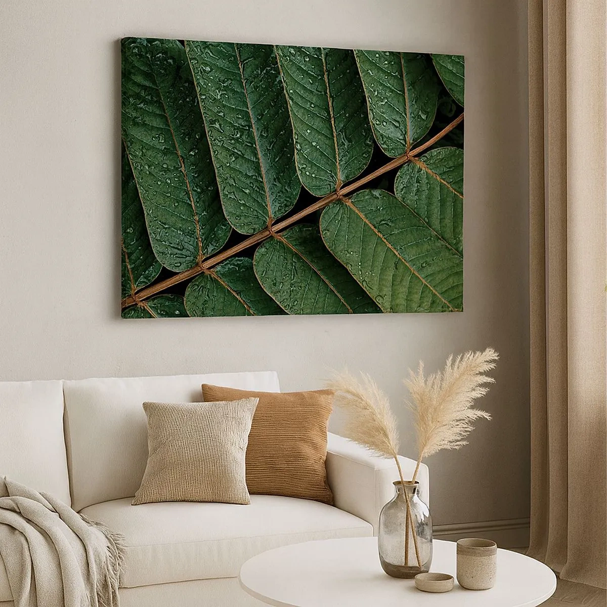 Canvas picture - Macro shot of green leaves with dew drops - 70x50cm - In Green Rhythm - Modern wall decoration for the living room and bedroom ARTTOR