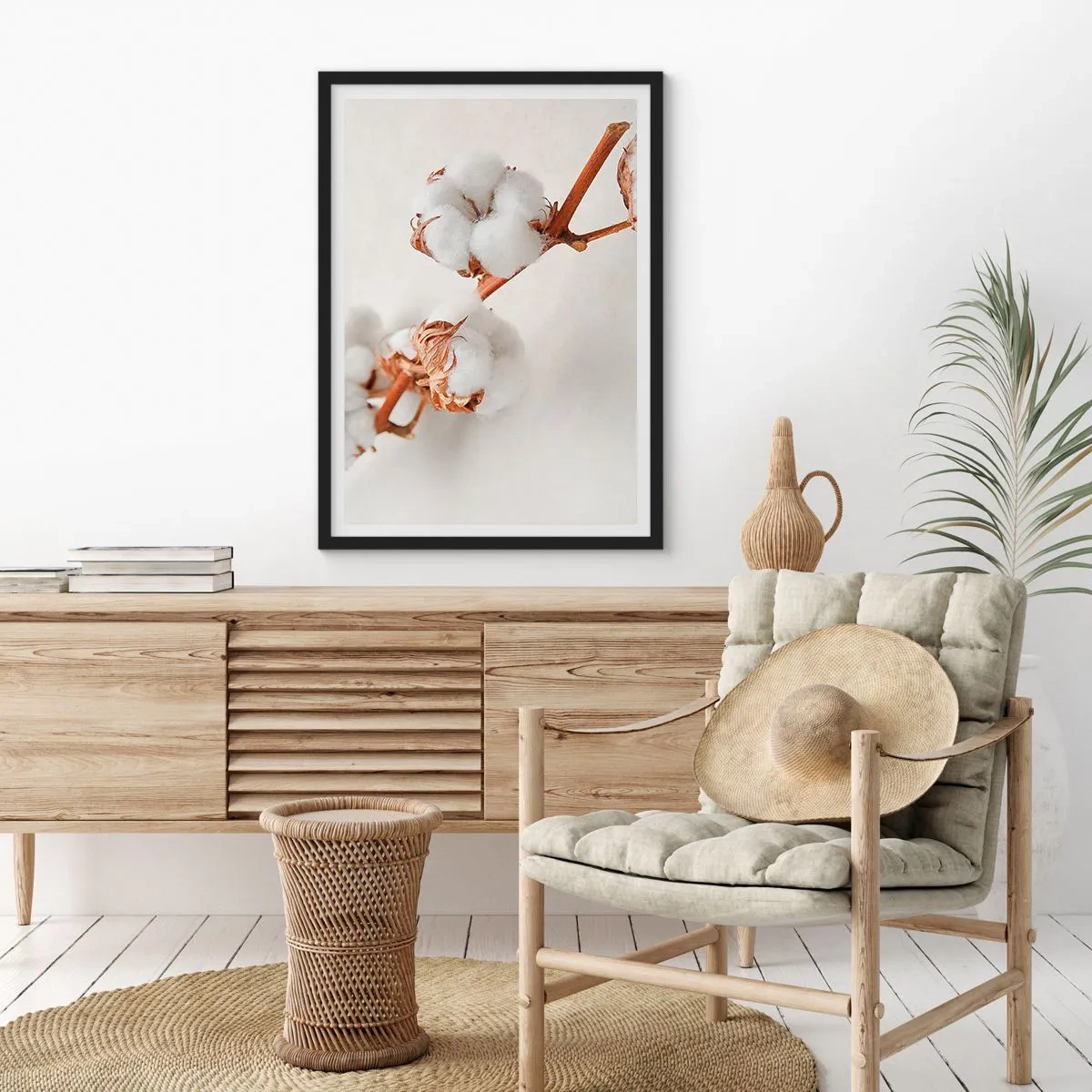 Poster in black frame - Delicate cotton twigs on a light background - 50x70cm - Just Cuddle It - Modern wall decoration for the living room and bedroom ARTTOR
