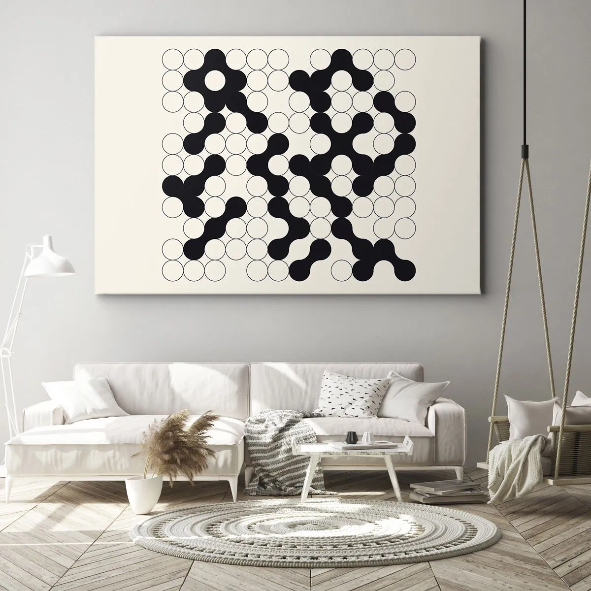 Canvas picture - Black and white patterns with circles on a light background - 70x50cm - Chinese Play - Variation - Modern wall decoration for the living room and bedroom ARTTOR