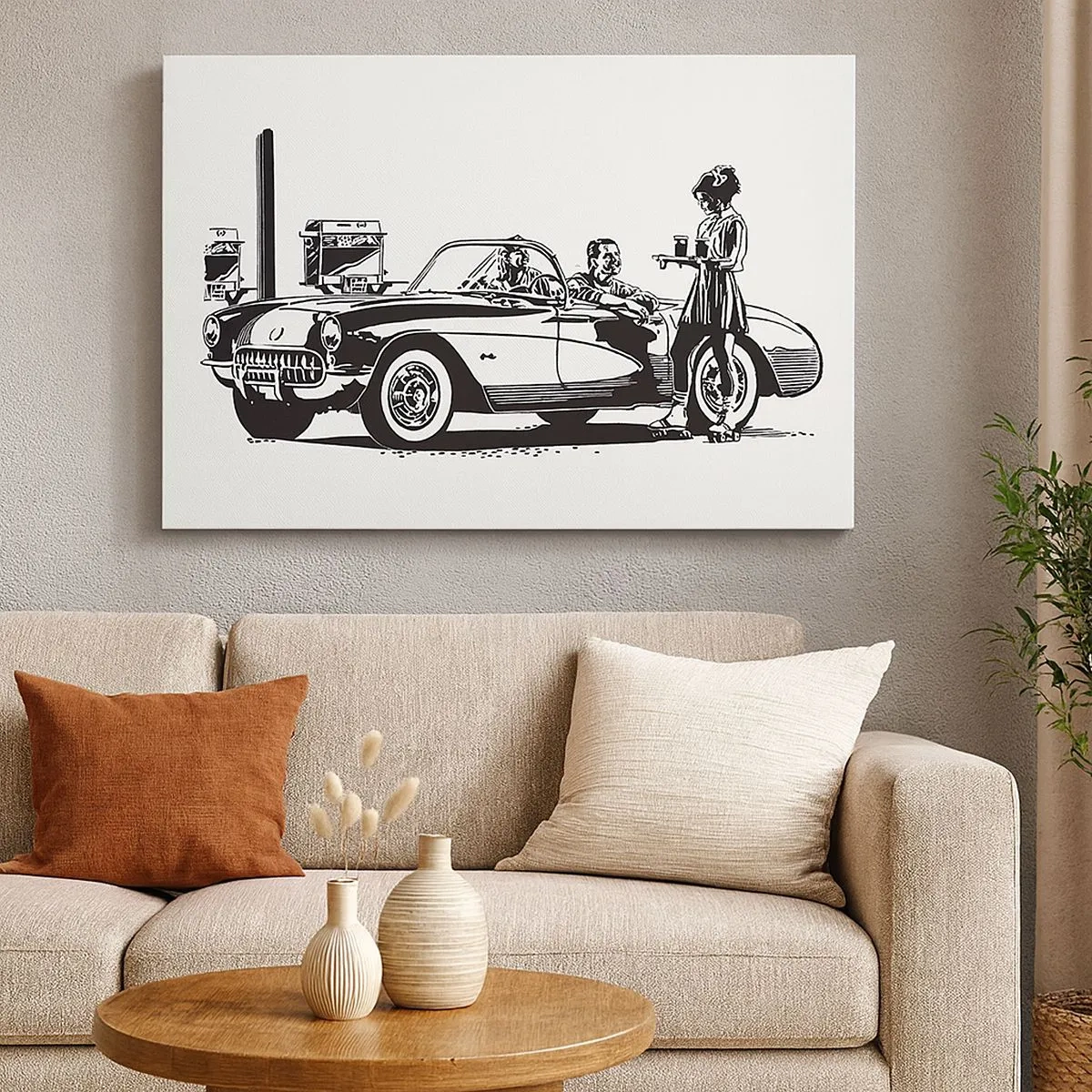 Canvas picture - A black and white retro scene with a car and a waitress on roller skates. - 70x50cm - Careless America in the 60-ies - Modern wall decoration for the living room and bedroom ARTTOR