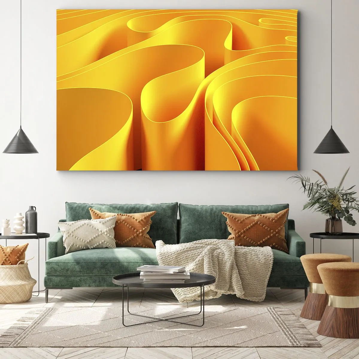 Canvas picture - Yellow abstract waves resembling sun rays - 70x50cm - Like Waves of the Sun - Modern wall decoration for the living room and bedroom ARTTOR