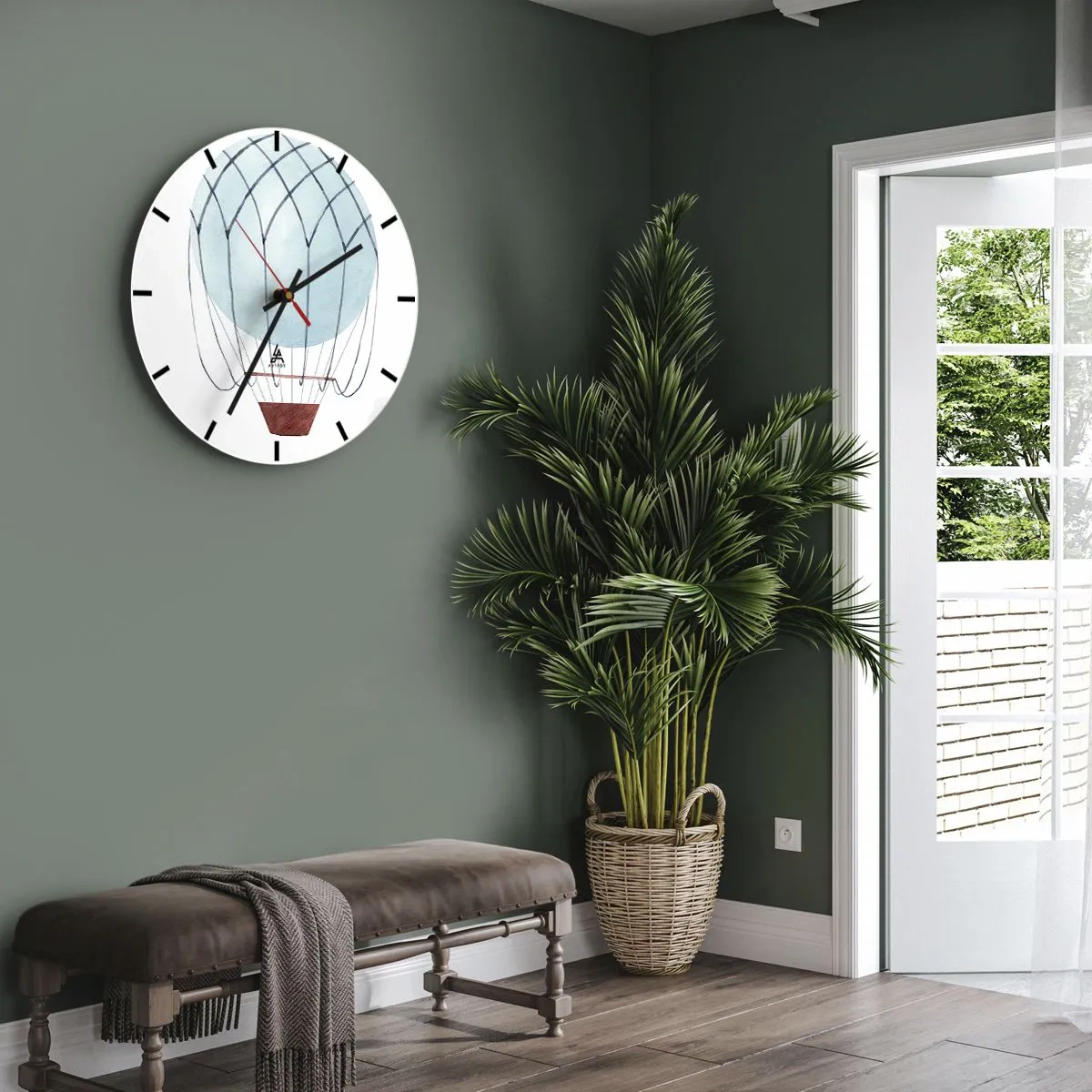 Wall clock - Clock on glass - Illustration of a blue balloon on a white background with a basket - 30x30cm - All in the Clouds - Modern wall decoration for the living room, kitchen, and bedroom ARTTOR