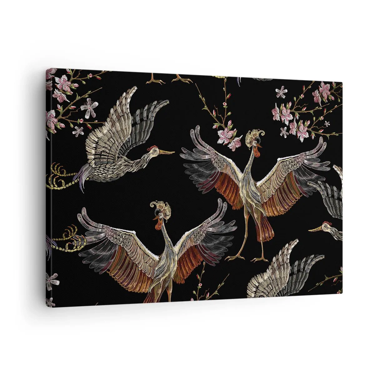 Canvas picture - Stylish cranes and flowers on a black background - 70x50cm - Fairy Tale Bird - Modern wall decoration for the living room and bedroom ARTTOR