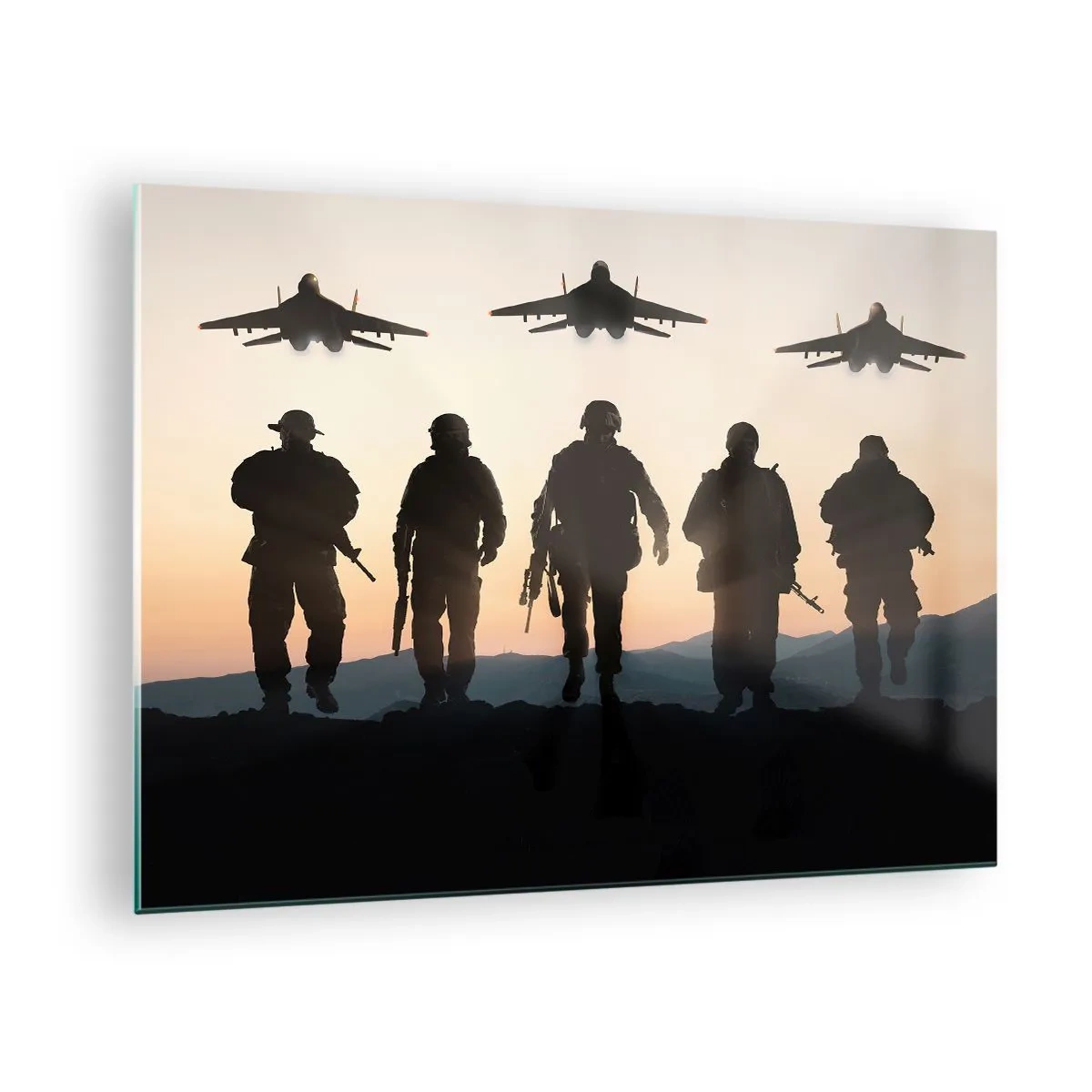 Glass picture - Soldiers against the backdrop of the setting sun and jets - 70x50cm - Welcome to Our World - Modern wall decoration for the living room and bedroom ARTTOR