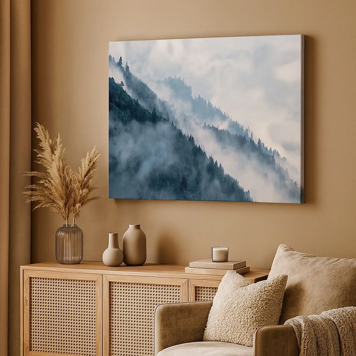 Canvas picture - Fog hovers over the forested mountainsides in a mysterious landscape - 70x50cm - Mysticism of the Mountains - Modern wall decoration for the living room and bedroom ARTTOR