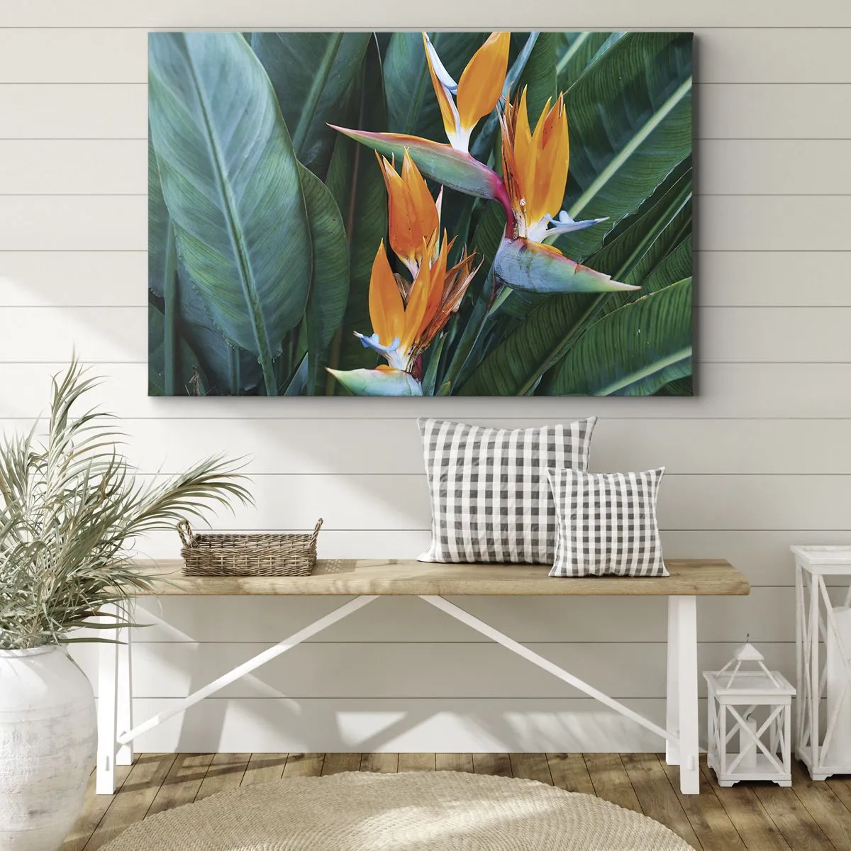 Canvas picture - Exotic strelitzia flowers surrounded by green leaves - 70x50cm - Is It a Flower or a Bird? - Modern wall decoration for the living room and bedroom ARTTOR
