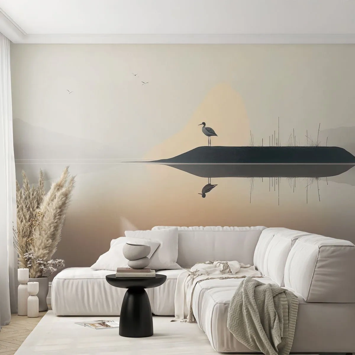Custom Wallpaper Premium Sand - Gentleman on the Lake - Bird, Landscape, Minimalism