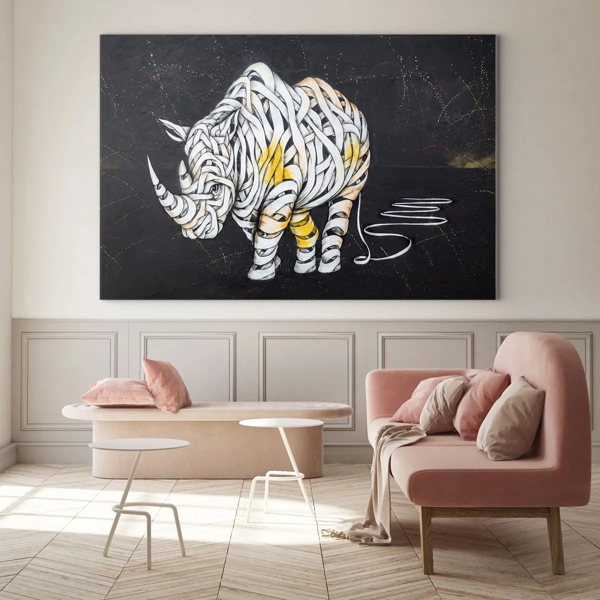 Glass picture - Abstract drawing of a rhinoceros in the form of stripes - 70x50cm - Thick Skin Is a Myth - Modern wall decoration for the living room and bedroom ARTTOR