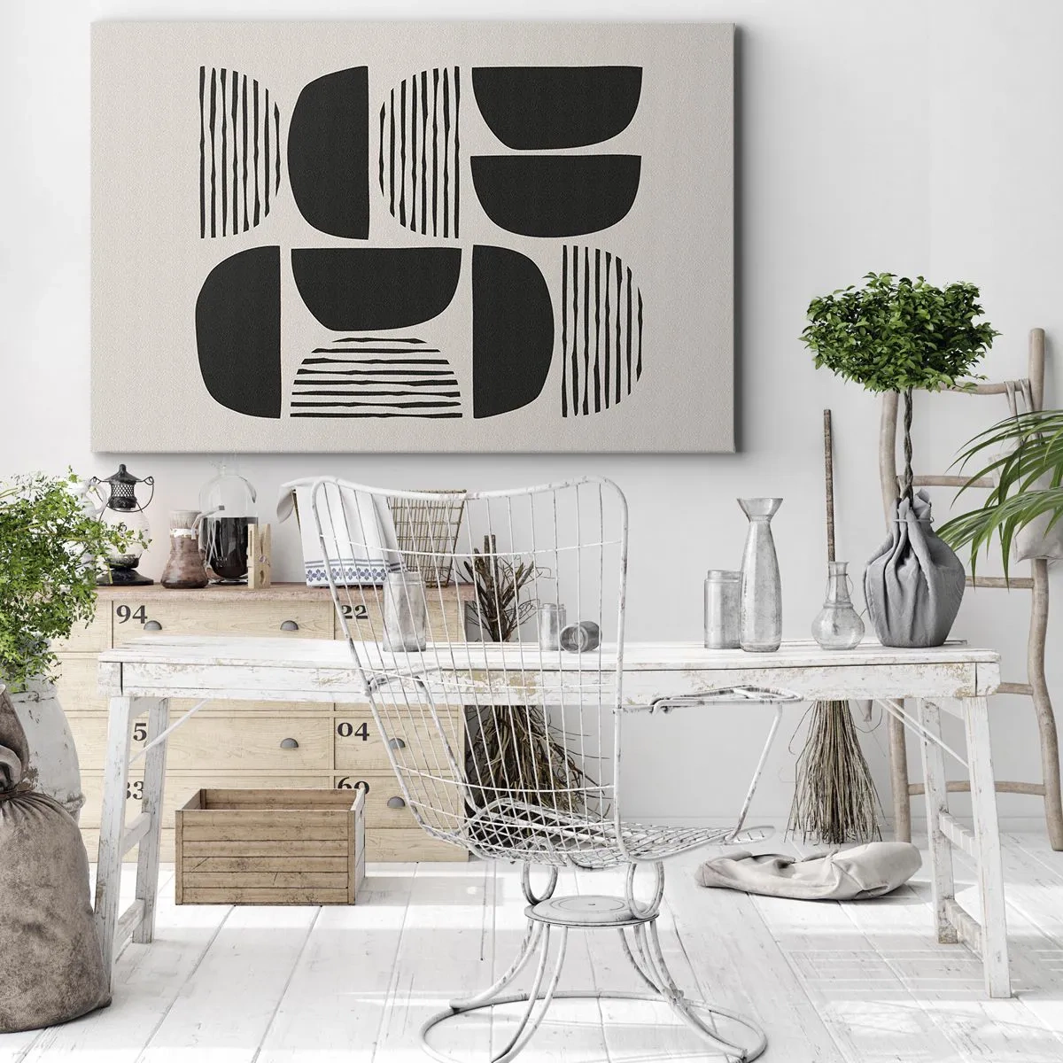 Canvas picture - Geometry with semicircles and lines in black on a light background - 70x50cm - Half-Systems - Modern wall decoration for the living room and bedroom ARTTOR
