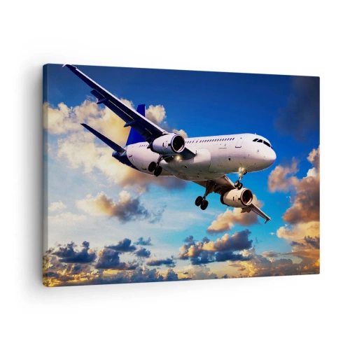 Canvas picture - A passenger plane against the clouds at sunset - 70x50cm - Journey in White and Blue - Modern wall decoration for the living room and bedroom ARTTOR