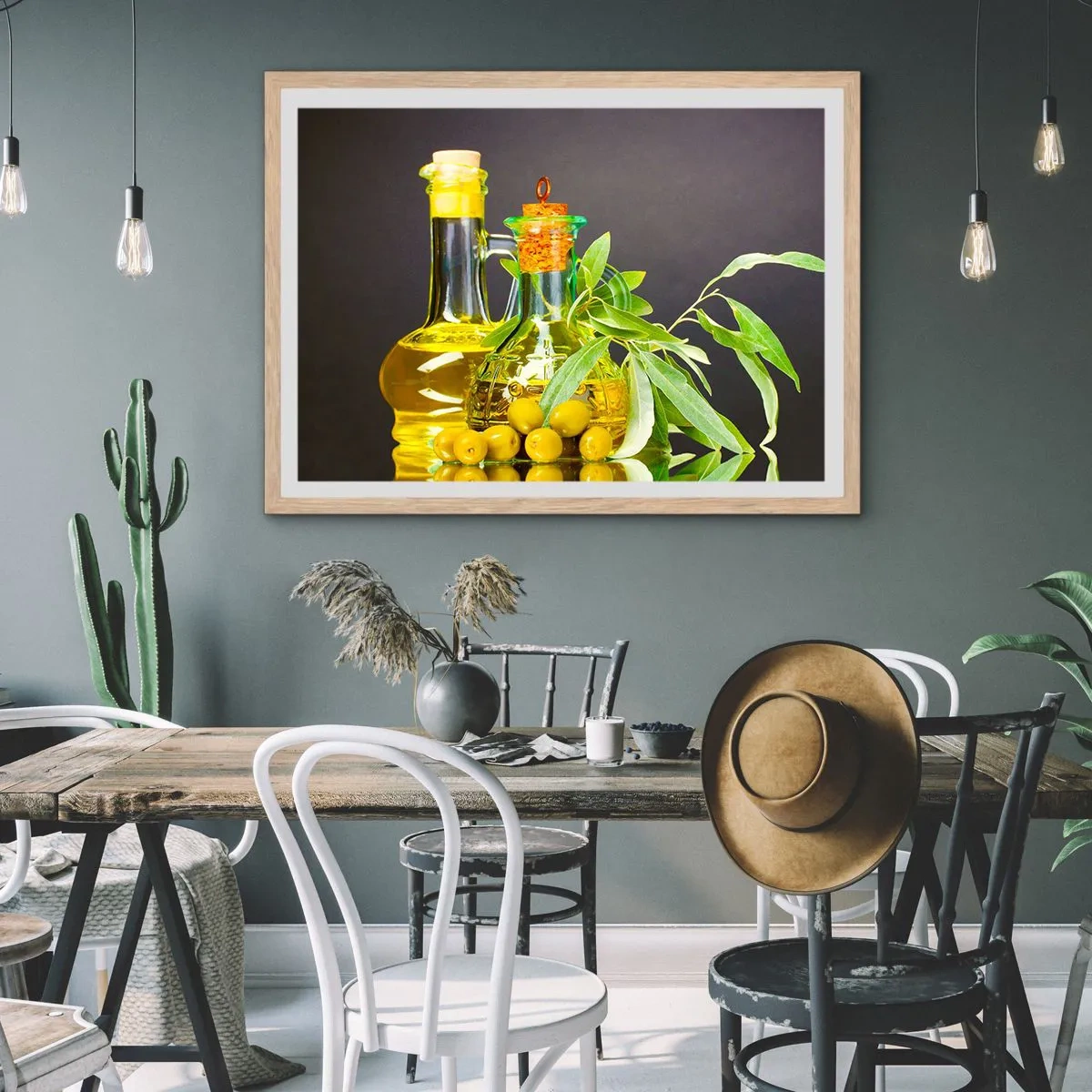 Poster in light oak frame - Still Life with Olives and Olive Oil - 100x70 cm