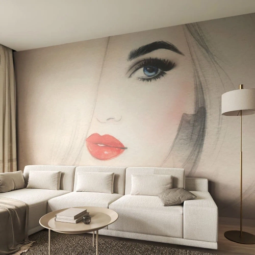 Self-Adhesive Photo Wallpaper Deluxe Sticker - Mesmerizes and Intoxicates - Portrait of a Woman, Woman's Face, Red lips - 350x256 cm
