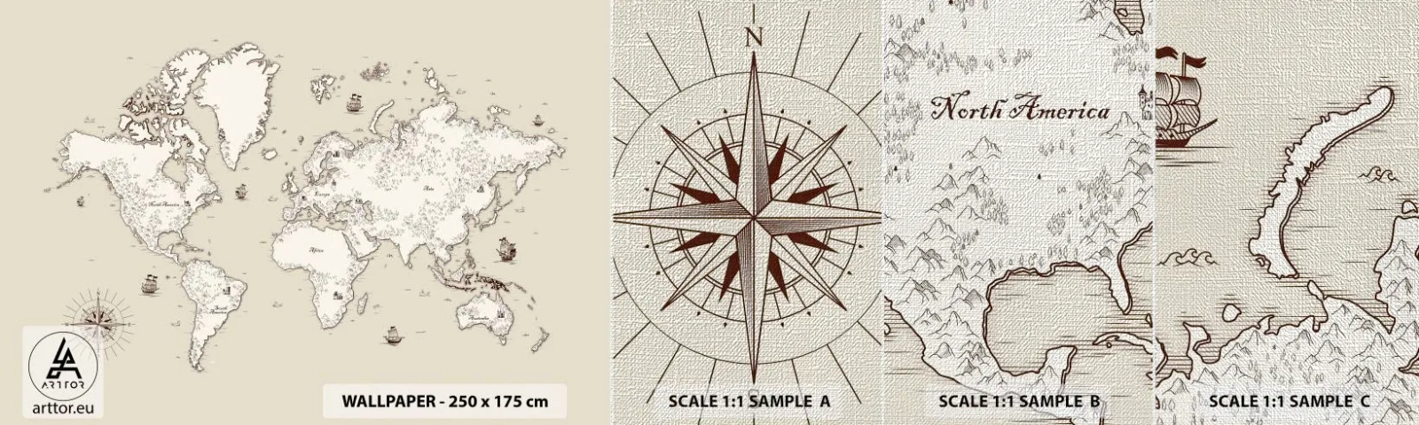 Photo Wallpaper Sample Premium Canvas - Travel Round the World - World map, Continents, Pirate ship - 100x30 cm