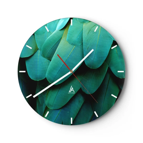 Wall clock - Clock on glass - Close-up of the green feathers of an exotic bird - 30x30cm - Precision of Parrot Nature - Modern wall decoration for the living room, kitchen, and bedroom ARTTOR