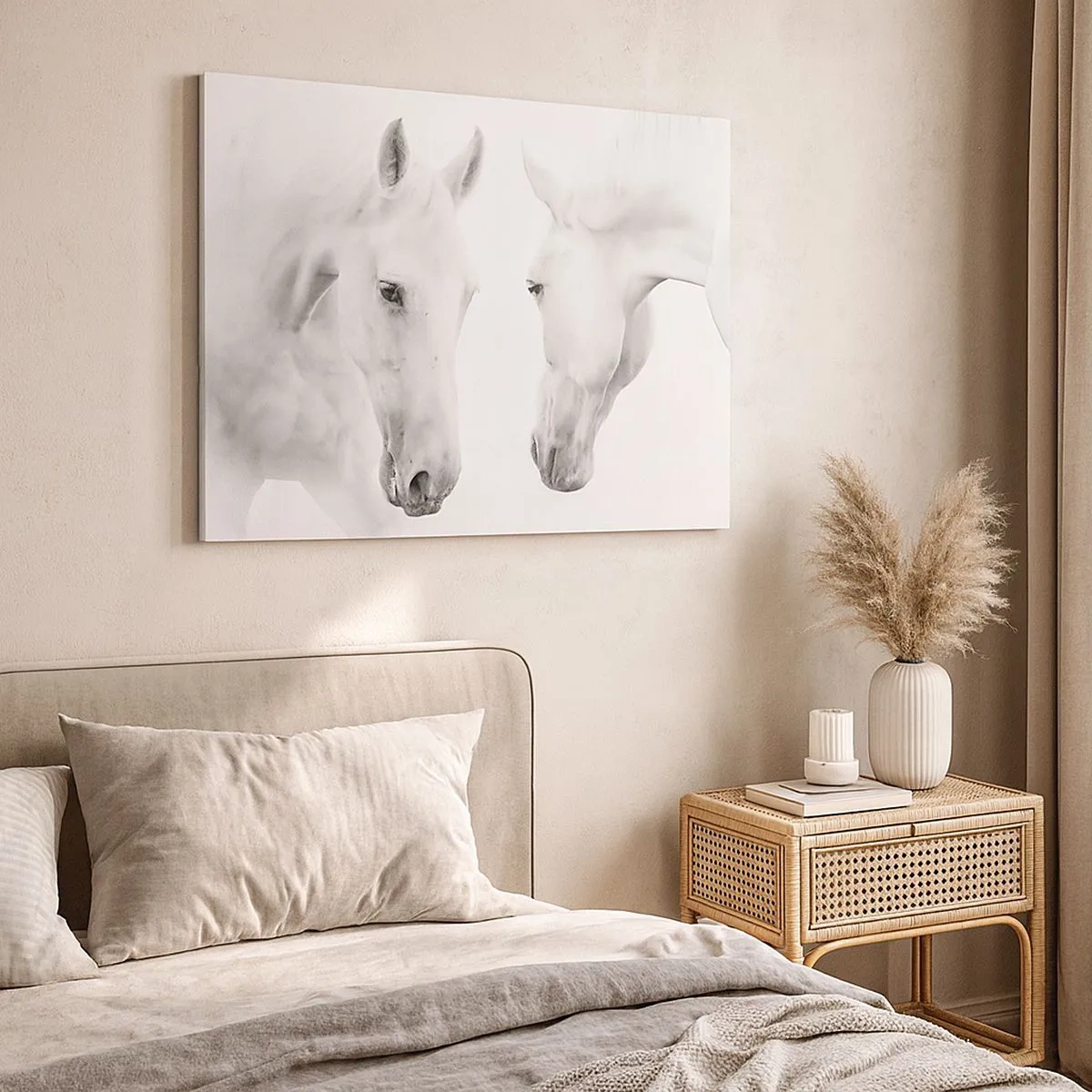 Canvas picture - A minimalist portrait of two white horses - 70x50cm - Is this friendship…? - Modern wall decoration for the living room and bedroom ARTTOR