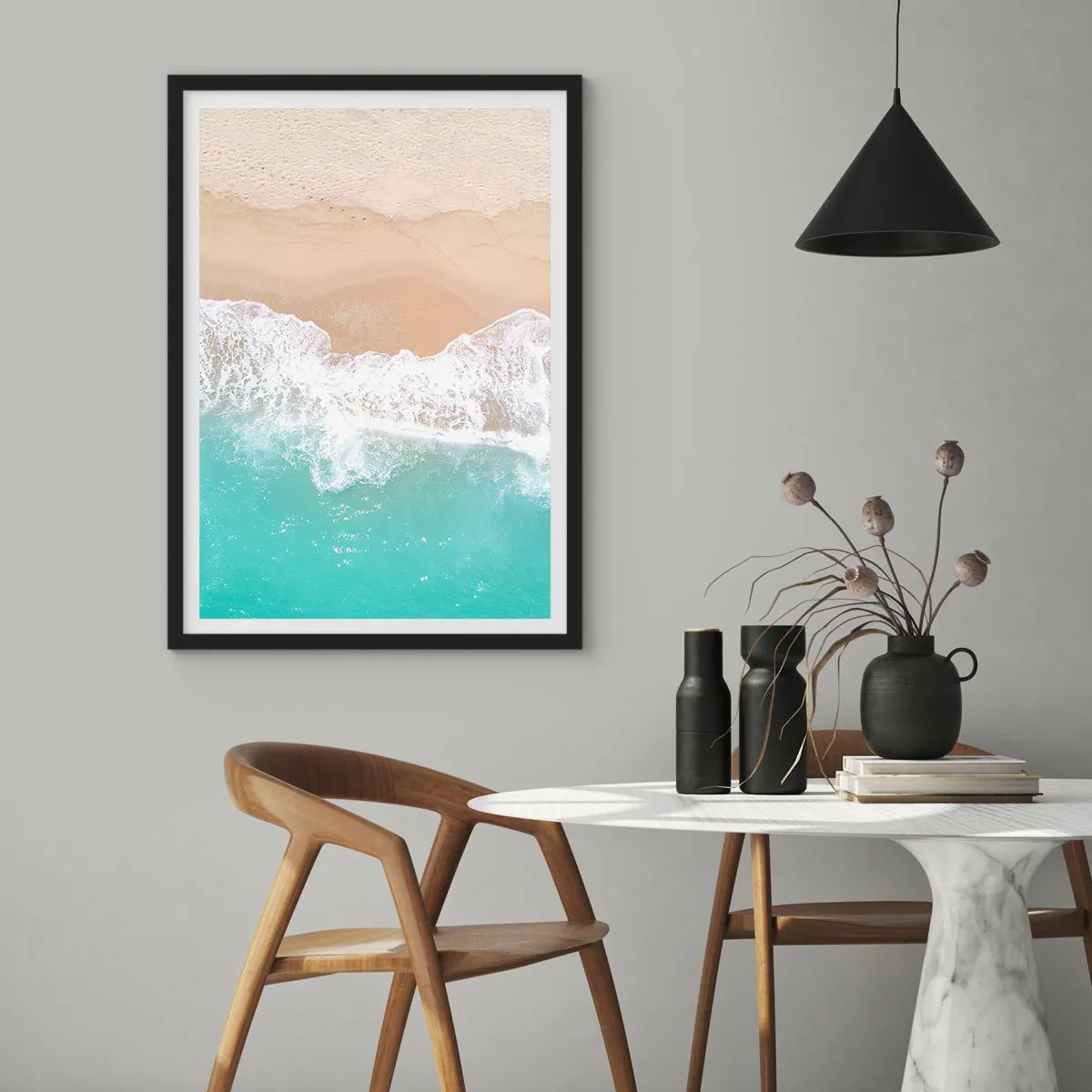 Poster in black frame - A beach with a view of the sea waves and golden sand - 50x70cm - Touch Full of Caress - Modern wall decoration for the living room and bedroom ARTTOR
