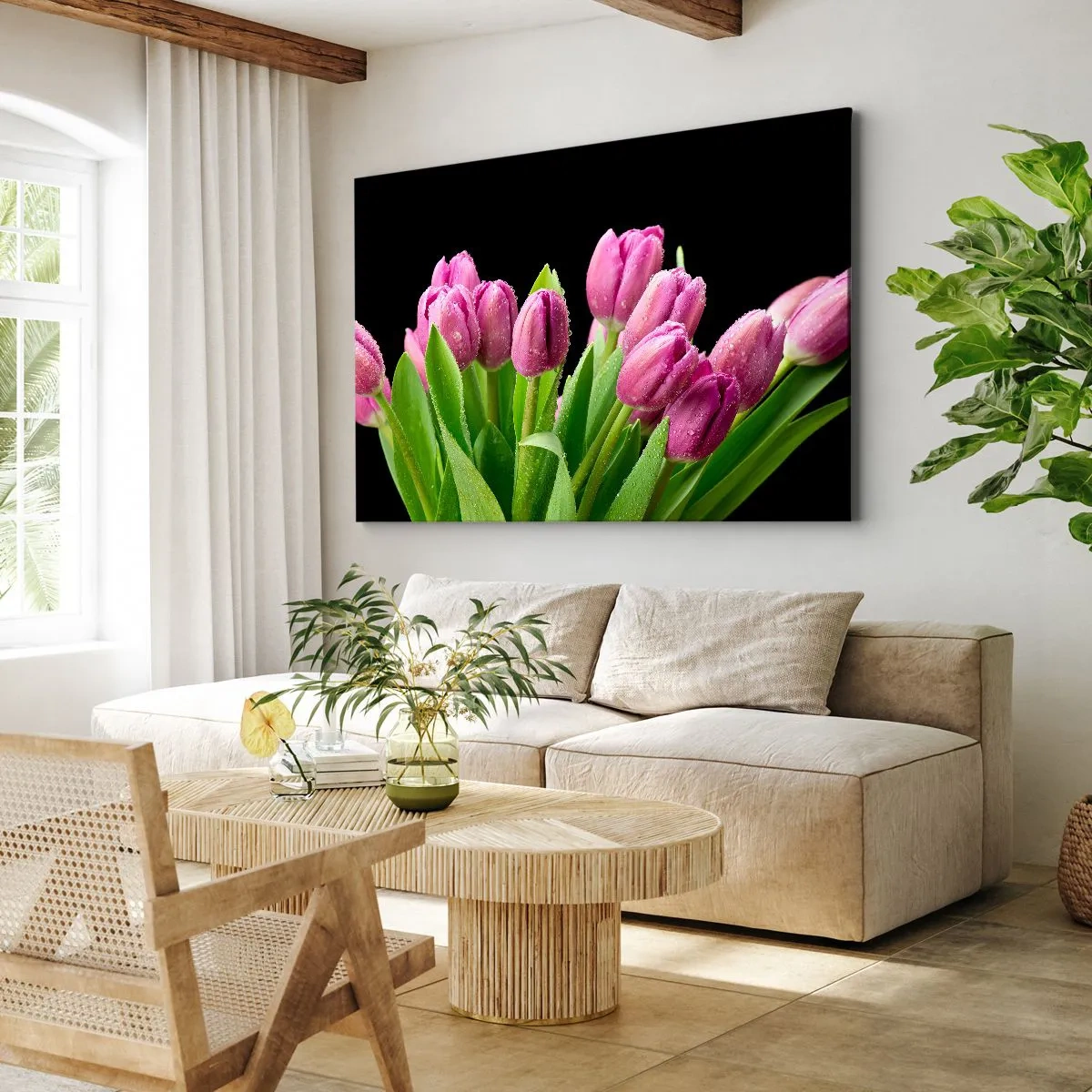 Canvas picture - Pink tulips with dew drops on a black background - 70x50cm - Lilac Joy of Spring - Modern wall decoration for the living room and bedroom ARTTOR