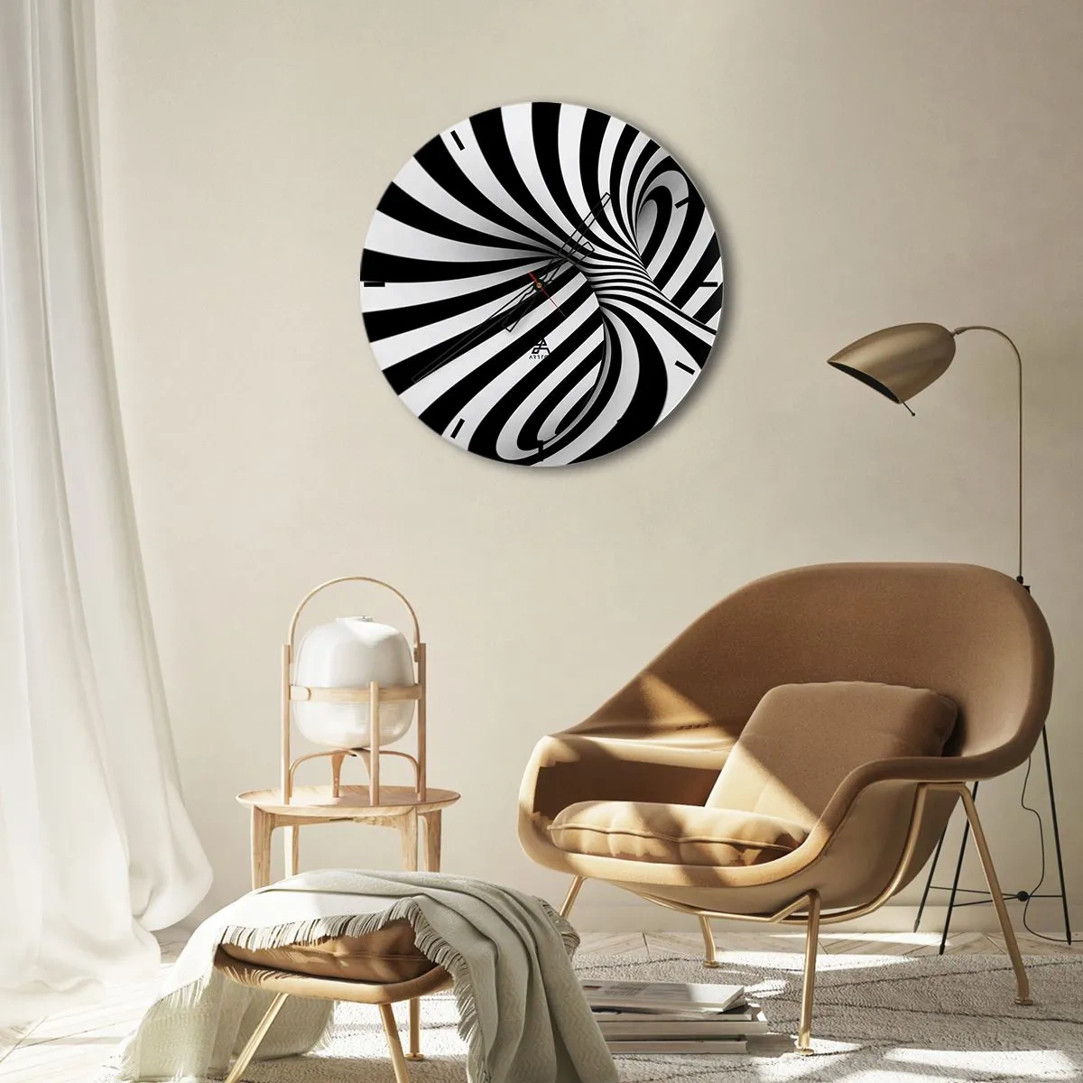 Wall clock - Clock on glass - Black and white abstract optical tunnel - 30x30cm - Composition: Dancing Space - Modern wall decoration for the living room, kitchen, and bedroom ARTTOR