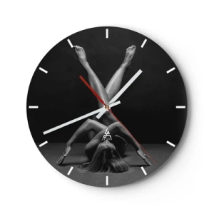 Wall clock - Clock on glass - Artistic silhouette of a woman in a dynamic pose against a black background - 30x30cm - Geometry of Nakedness - Modern wall decoration for the living room, kitchen, and bedroom ARTTOR