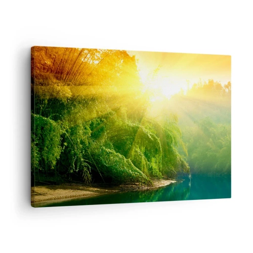 Canvas picture - A green forest by the river, illuminated by the rays of the rising sun - 70x50cm - Drowning in the Sun and Shadow - Modern wall decoration for the living room and bedroom ARTTOR