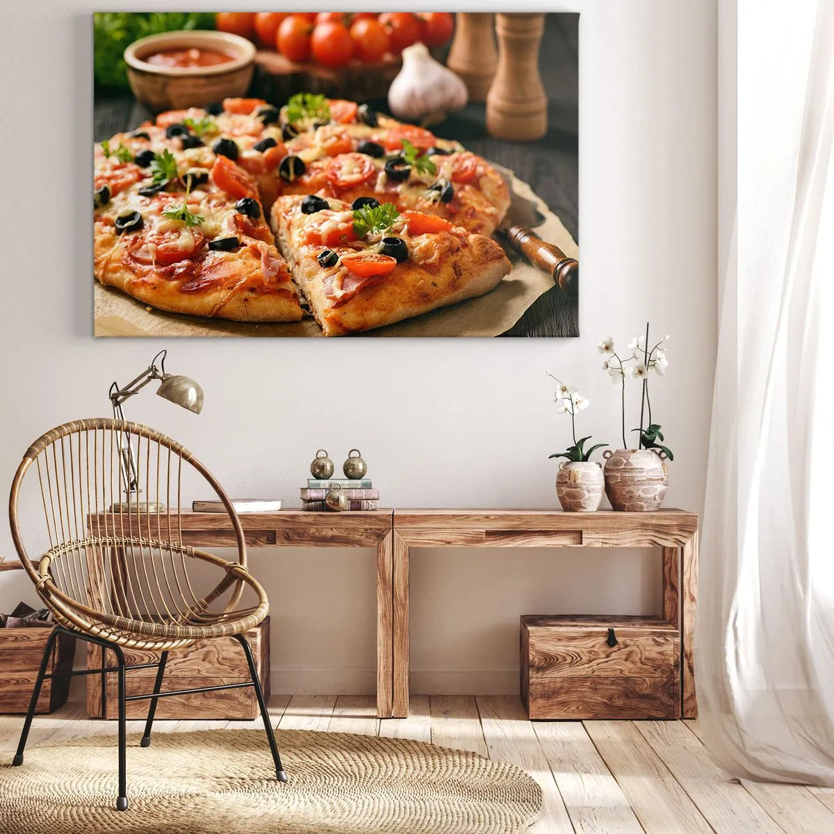 Canvas picture - Pizza with tomatoes, olives and fresh herbs on the table - 70x50cm - You Baked It Again - Modern wall decoration for the living room and bedroom ARTTOR