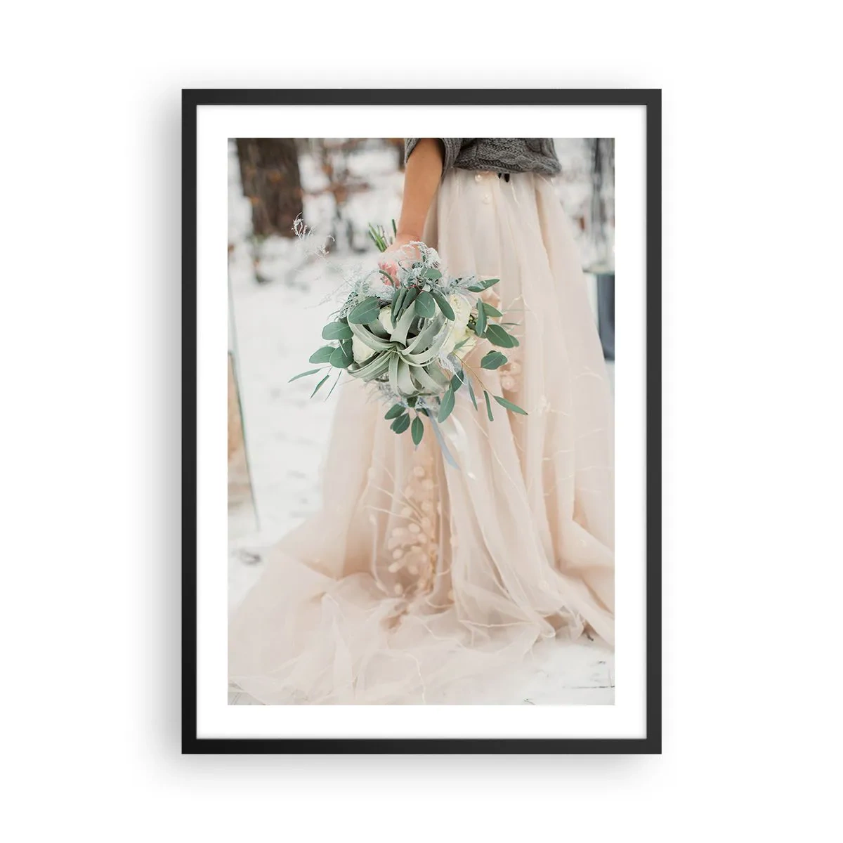 Poster in black frame - A bride in a beige dress holding a bouquet in the snow - 50x70cm - And They Lived Long and Happily - Modern wall decoration for the living room and bedroom ARTTOR