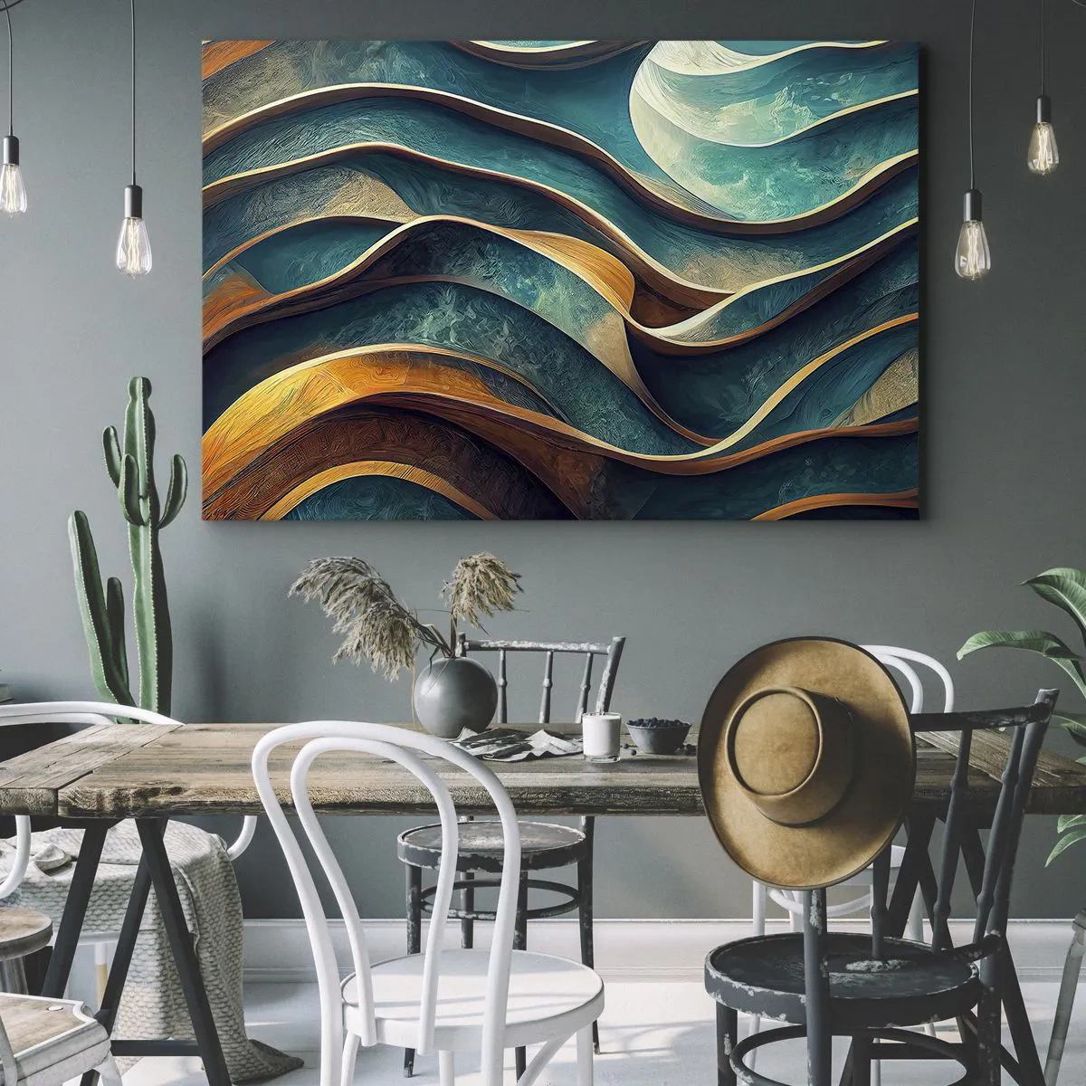 Canvas picture - Abstract waves in shades of turquoise and gold - 70x50cm - Meanderings of Blue - Modern wall decoration for the living room and bedroom ARTTOR