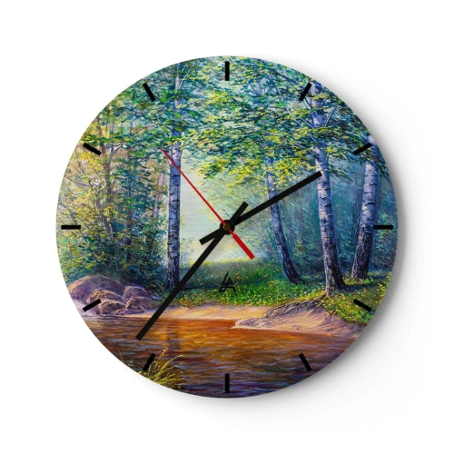 Wall clock - Clock on glass - A picturesque birch forest with a river illuminated by the sun's rays - 30x30cm - Idyllic Scenery - Modern wall decoration for the living room, kitchen, and bedroom ARTTOR