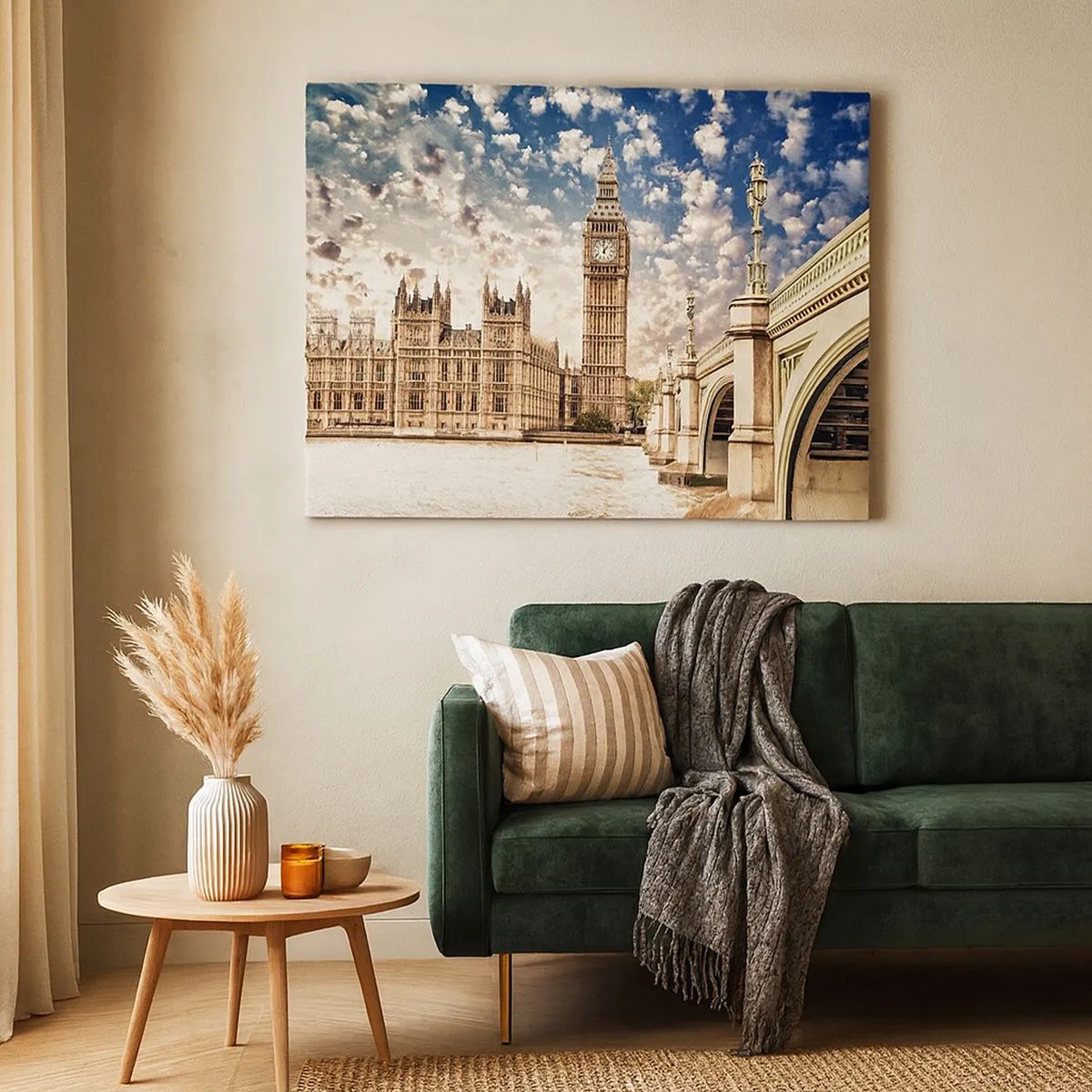 Canvas picture - Big Ben and Westminster Bridge lit by the sun in London - 70x50cm - Clouds over the Thames - Modern wall decoration for the living room and bedroom ARTTOR