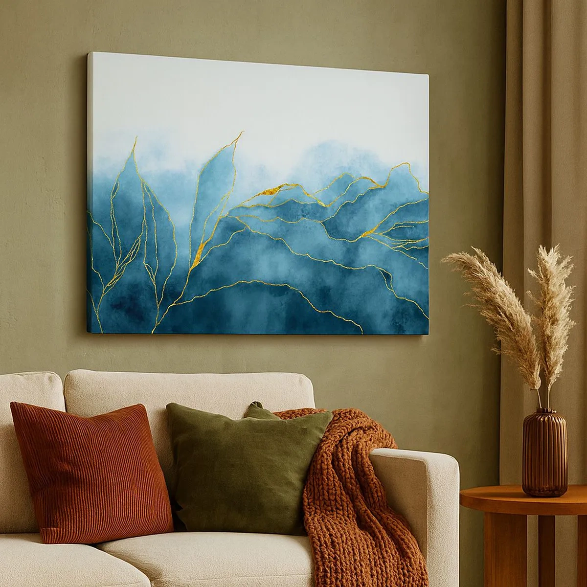 Canvas picture - Abstract waves in shades of blue with gold accents - 70x50cm - Blue In Gold - Modern wall decoration for the living room and bedroom ARTTOR