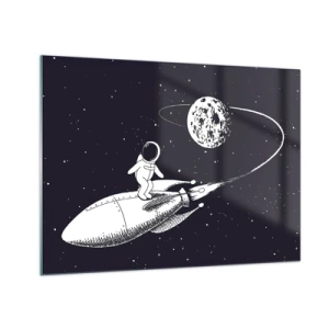 Glass picture - Cartoon astronaut surfing in space on a rocket - 70x50cm - Space Surfer - Modern wall decoration for the living room and bedroom ARTTOR