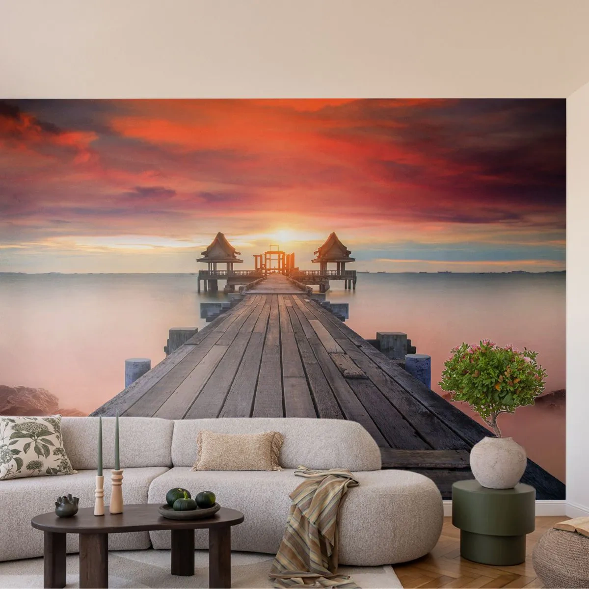 Photo Wallpaper Standard Eco - Sunset on the East - Landscape, Wooden Pier, Sea - 150x105 cm
