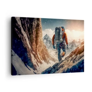 Canvas picture - A climber on a mountain trail in a winter landscape - 70x50cm - Lonely Warrior - Modern wall decoration for the living room and bedroom ARTTOR