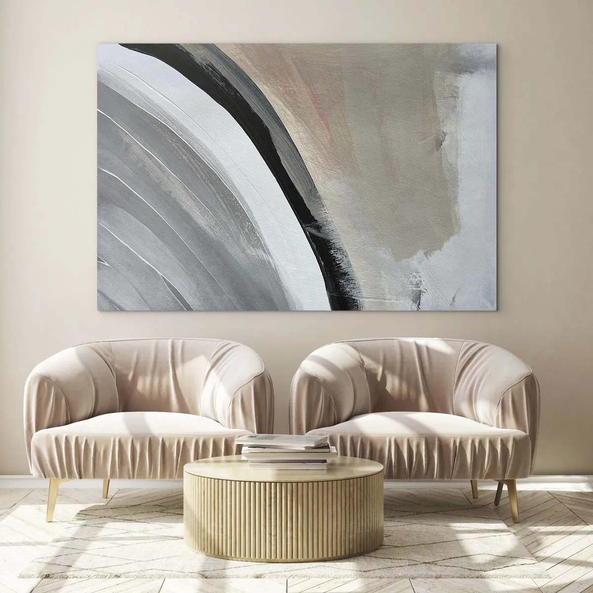 Glass picture - Abstract arc in shades of gray and black - 70x50cm - Composition: Arc of Black and Grey - Modern wall decoration for the living room and bedroom ARTTOR