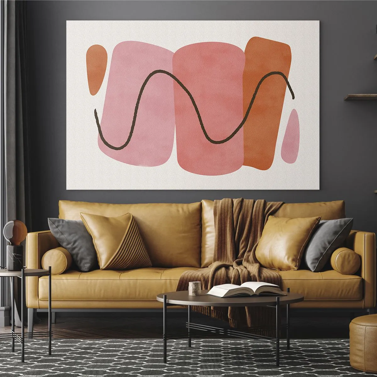 Glass picture - Abstract shapes in pink and orange with a black line - 70x50cm - Gentle Movement of forms - Modern wall decoration for the living room and bedroom ARTTOR