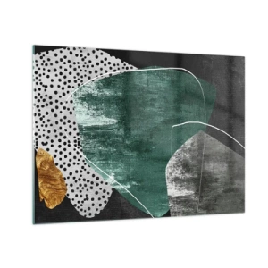 Glass picture - Green forms with a black background and a gold accent - 70x50cm - Colourful Abstract with a Golden Petal - Modern wall decoration for the living room and bedroom ARTTOR