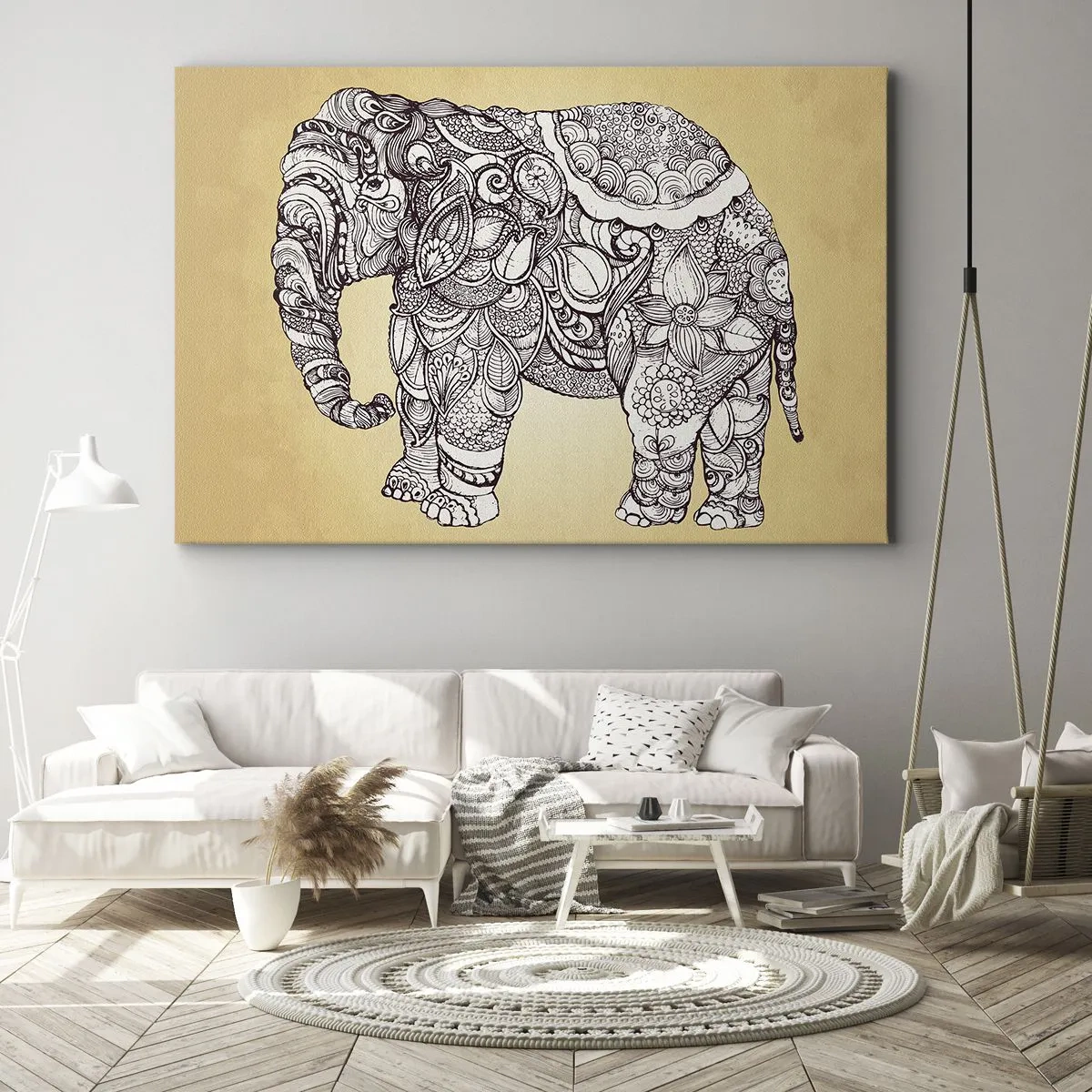 Canvas picture - Hand-drawn elephant with an ornate pattern on a beige background - 70x50cm - Hidden Elephant - Modern wall decoration for the living room and bedroom ARTTOR