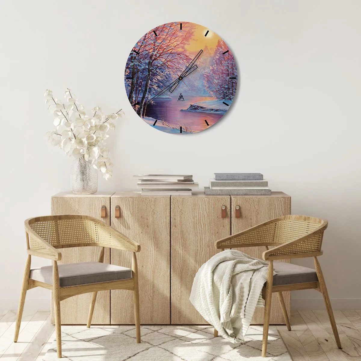 Wall clock - Clock on glass - Colours of Winter - 40x40 cm