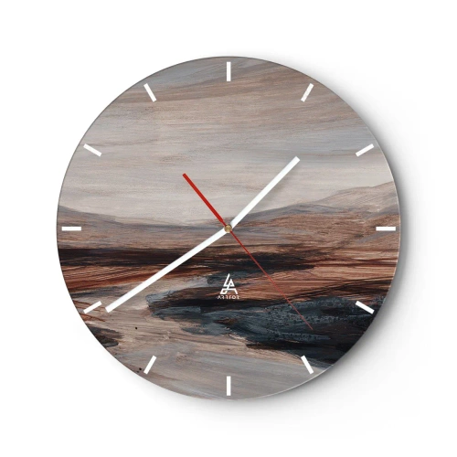 Wall clock - Clock on glass - A brown-gray valley with mountains in the background in a painterly style - 30x30cm - Quiet Valley - Modern wall decoration for the living room, kitchen, and bedroom ARTTOR