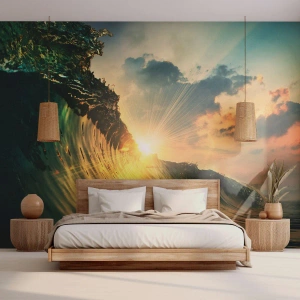Photo Wallpaper Premium Sand - Surfer, Where Are You? - Sea wave, Rays of the sun, Nature - 150x105 cm