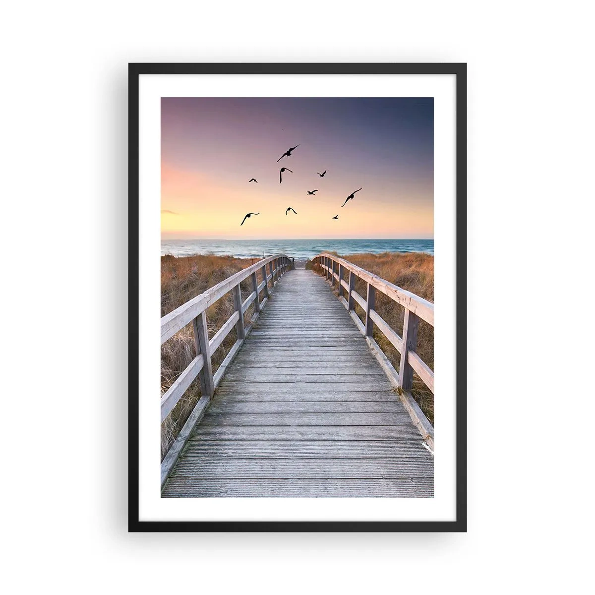 Poster in black frame - Wooden jetty leading to the beach at sunset - 50x70cm - Space of Highs - Modern wall decoration for the living room and bedroom ARTTOR