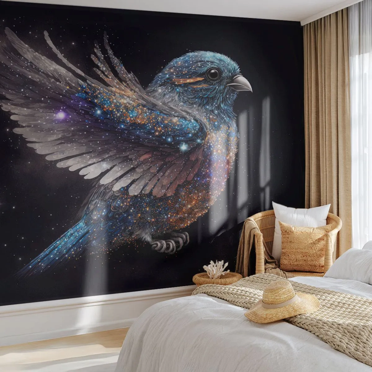 Photo Wallpaper Premium Sand - Diamond Sparrow - Bird, Magic, Cosmos - 100x70 cm