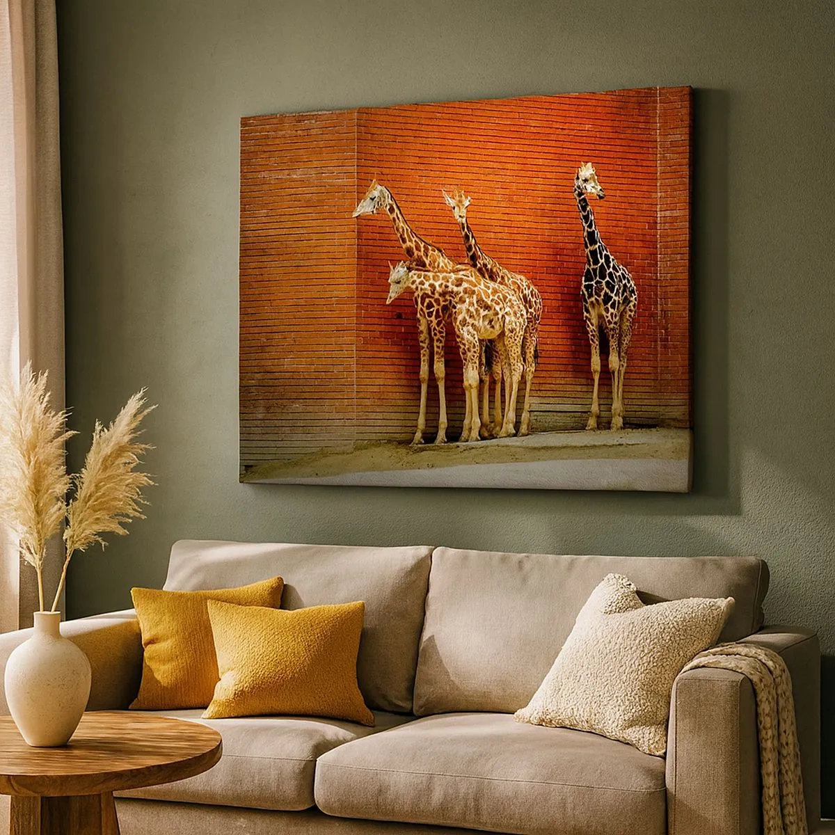 Canvas picture - Four giraffes against a brick wall in an artistic setting - 70x50cm - Can You See an Acacia? - Modern wall decoration for the living room and bedroom ARTTOR